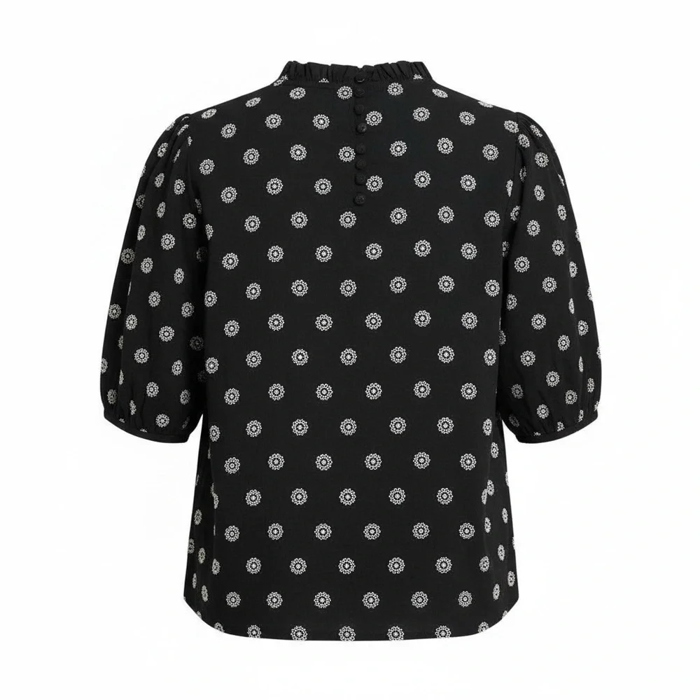 Loft Black and White Embroidered Eyelet Puff Sleeve High Neck Boho Top Size L